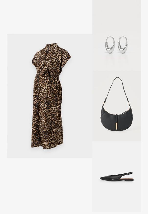 Maternitykleid mit Leoprint aus leichtem Stoff, mit kragenlosem Ausschnitt, kurzen Ärmeln, Taillenschnürung und durchgehender Knopfleiste.; Schwarzer Leder Slingback-Schuh mit spitzer Zehenform, subtiler Glanz und verstellbarem Knöchelriemen. Flacher Absatz mit einer braunen Innensohle.; Schwarze halbmondförmige Handtasche mit einem einzelnen Träger, goldenem Reißverschluss und einer goldenen rechteckigen dekorativen Lasche vorne.; Silberne Creolen mit einer gebogenen, tropfenförmigen Form und polierter Oberfläche. Verfügt über einen sicheren Verschluss und eine glatte Textur.