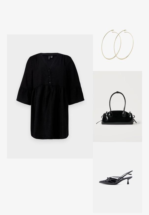 Top negro con escote en V, botones en la parte delantera y mangas cortas con volantes. Hecho de un tejido texturizado con un ajuste holgado y fluido.; Zapato de salón slingback de charol negro con punta afilada, tacón bajo tipo kitten, y detalle decorativo de lazo anudado en la parte delantera.; Pequeño bolso negro brillante con dos asas largas y detalles de cordón lateral sobre un fondo claro liso.; Pilgrim Pendientes - gold-coloured