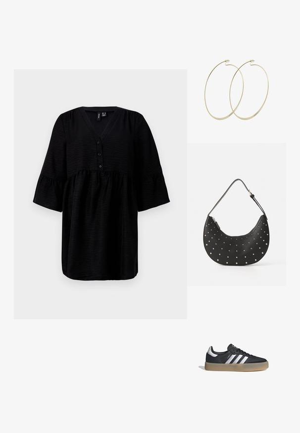 Top negro con escote en V, botones en la parte delantera y mangas cortas con volantes. Hecho de un tejido texturizado con un ajuste holgado y fluido.; Zapatilla deportiva de cuero negro con tres rayas plateadas, punta texturizada y suela de goma. Cuenta con un collar acolchado y un diseño con cordones.; Bolso de mano de cuero negro con forma curva, adornado con tachuelas plateadas, cuenta con cierre de cremallera y una sola correa ajustable.; Pilgrim Pendientes - gold-coloured