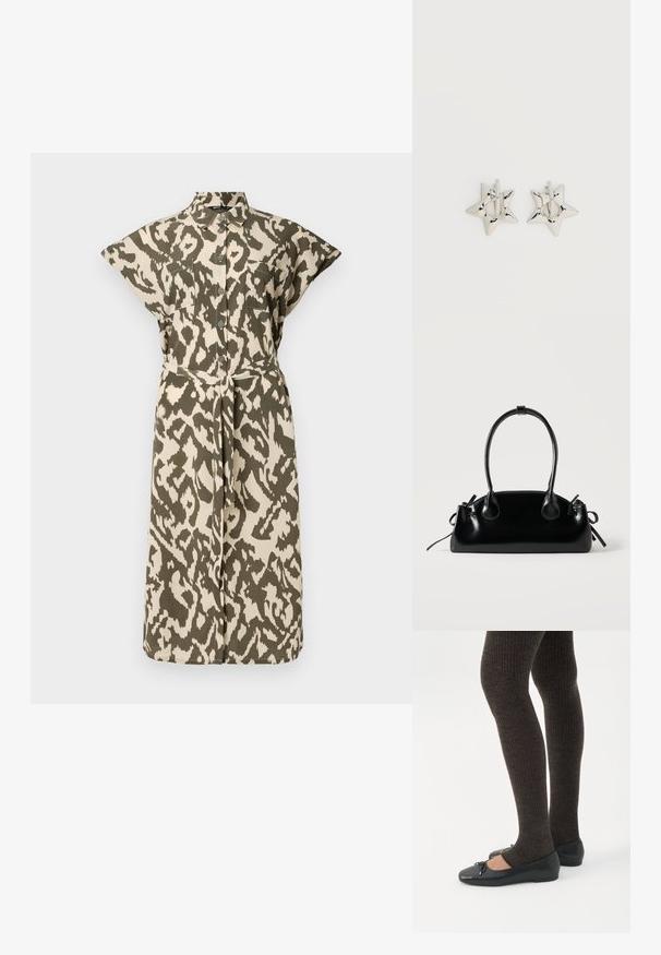 Knee-lange shirtjurk in beige en olijfgroen dierenprint, met korte mouwen, knopen aan de voorkant en een zelfstrikriem in de taille.; Benen met donkere geribbelde leggings gecombineerd met zwarte ballerina's met kleine strikdetails op een witte achtergrond.; Kleine zwarte glanzende handtas met twee lange hengsels en zijkant trekkoord details op een effen lichte achtergrond.; Zilverkleurige stervormige oorringen met een gladde, gepolijste afwerking op een effen witte achtergrond.