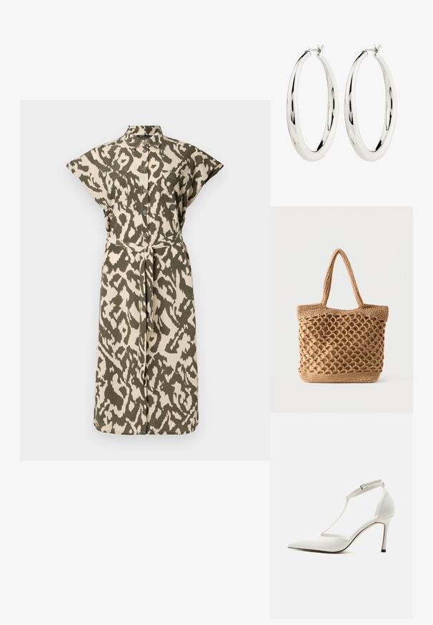 Knee-length shirt dress in beige and olive green animal print, with short sleeves, buttoned front, and a self-tie belt at the waist.; Valkoinen teräväkärkinen korkokenkä, jossa ohut nilkkaremmi ja solki, sileä pinta ja hoikka piikkikorko yksivärisellä taustalla.; Vaaleanruskea kudottu kangaskassi, jossa on avoin verkkokuvio ja kiinteä pohja, varustettuna kahdella olkahihnalla.; Hopehopeet, joissa on sileä, heijastava pinta. Pyöreä, suuri muoto, jossa on turvallinen suljin ylhäällä. Kiillotettu pinta korostaa kiiltoa.
