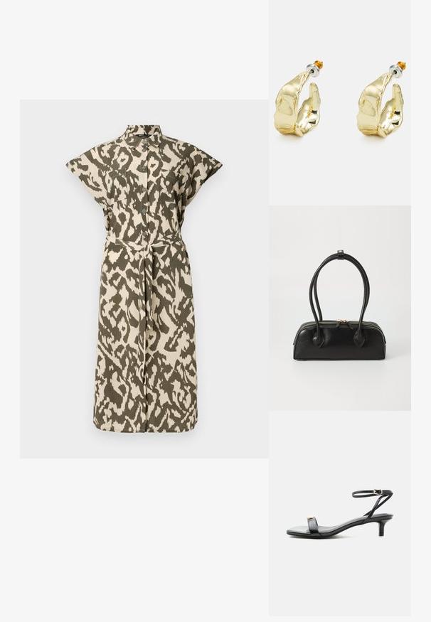 Vestido camisero de longitud hasta la rodilla en estampado animal en tonos beis y verde oliva, con mangas cortas, frente abotonado y un cinturón autoajustable en la cintura.; Sandalia de cuero negro con punta abierta, tacón bajo tipo ‘‘kitten’’, tirante fino en el tobillo con hebilla dorada y detalle decorativo dorado en la tira delantera.; Bolso de mano de cuero negro con dos asas alargadas, cierre de cremallera y forma redondeada; textura suave con un acabado ligeramente brillante.; Pendientes en tono dorado con forma de manos abstractas, que presentan una superficie brillante, detalles intrincados y un poste de plata y oro para un ajuste seguro.