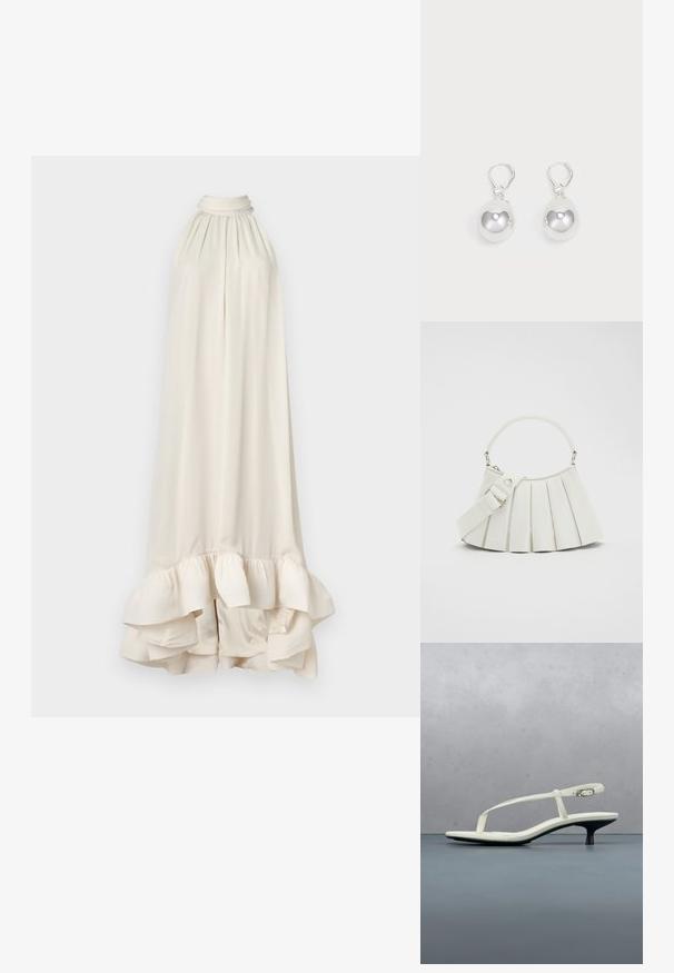 Malina SABRINA HALTERNECK RUFFLED - Galajurk - white; Witte sandaal met smalle bandjes en kitten heel, met een spitse neus, zwevend boven een houten tegelvloer buiten, met op de achtergrond een wazige plant en muur.; Lacoste LENGLEN BAG - Handtas - cristalline; Zilveren druppeloorbellen met gladde, ronde, reflecterende oppervlakken die hangen aan klapring-sluitingen. Achtergrond is puur wit.