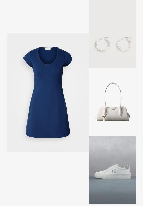 Marineblauwe jurk met korte mouwen, gemaakt van een gladde stof, met een ronde halslijn en een iets uitlopende rok, voorzien van subtiele naaddetails.; Witte leren sneakers met een platte zool, voorzien van een subtiele grijze hielaccent en een prominent 'CK' logo aan de zijkant.; Witte Calvin Klein schoudertas met lange hengsels, rechthoekige vorm, ritssluiting en decoratieve logohanger bij het hengsel.; Een paar middelgrote glanzende zilveren oorringen met dunne metalen sluitingen op een lichte neutrale achtergrond.