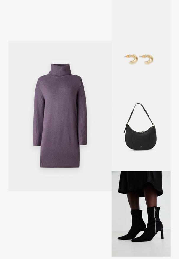 Pull à col roulé violet avec manches longues côtelées et texture douce. Coupe droite, détails minimalistes, et épaisseur moyenne.; Bottines noires avec un corps en tissu extensible, un bout pointu et une fermeture éclair sur le côté, montées sur un talon slim et haut.; Sac à main en cuir noir avec une forme courbée, surface texturée, coutures avant et un logo doré. Il est doté d'une seule sangle ajustable.; Boucles d'oreilles en forme de croissant en or avec une finition lisse, présentant des accents orange près du clou et un matériel en argent.