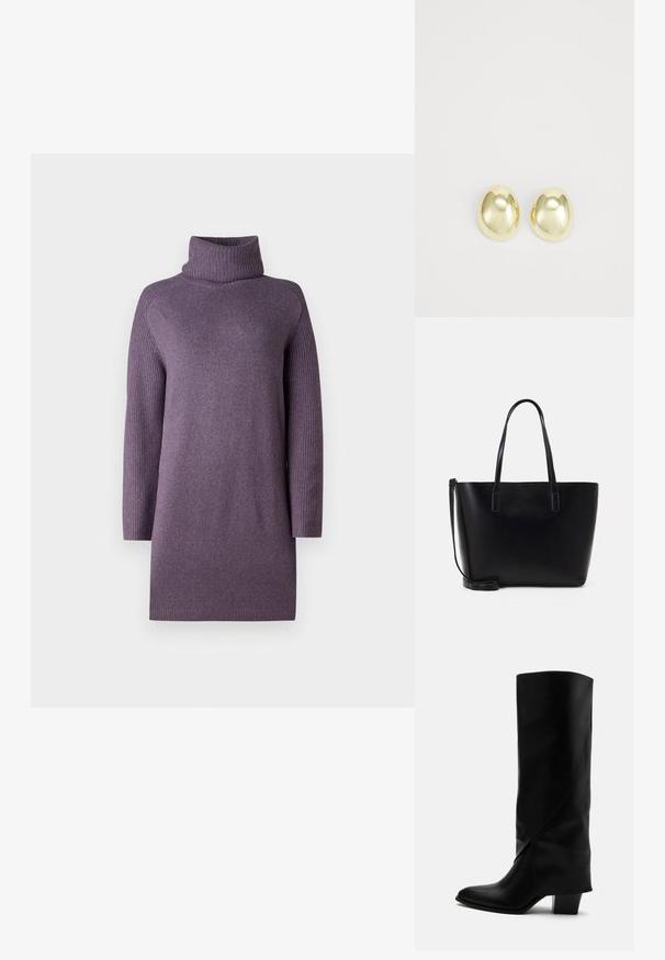 Pull à col roulé violet avec manches longues côtelées et texture douce. Coupe droite, détails minimalistes, et épaisseur moyenne.; Botte haute en cuir noir avec couture inclinée, bout pointu et talon épais de taille moyenne sur fond blanc.; Sac à dos en cuir noir avec deux longues anses, une forme structurée, une texture lisse et une bandoulière amovible. Détail de marque subtil.; Boucles d'oreilles en métal doré avec une forme lisse et arrondie et une finition polie. Design simple sans embellissements supplémentaires.