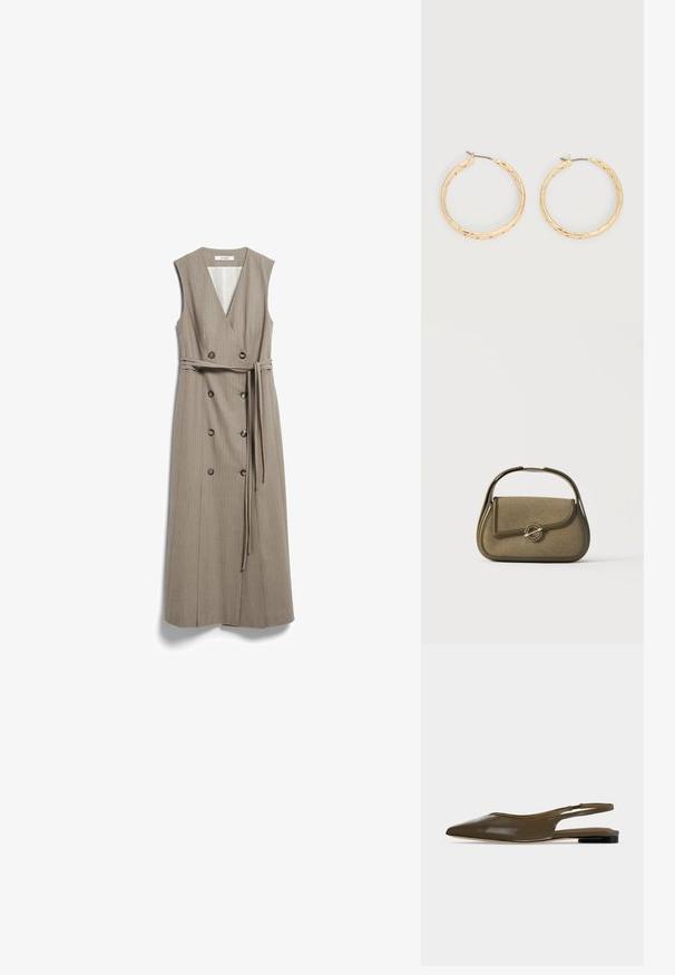 Sleeveless beige midi dress with V-neck, double-breasted buttons, and a matching fabric belt tied at the waist.; Olive green pointed-toe slingback flat shoe with a low black heel and a smooth, shiny finish.; Small olive green handbag with rounded edges, a top handle, and a flap closure secured by a circular metal clasp.; Pair of gold-tone textured hoop earrings with thin posts on a white background.