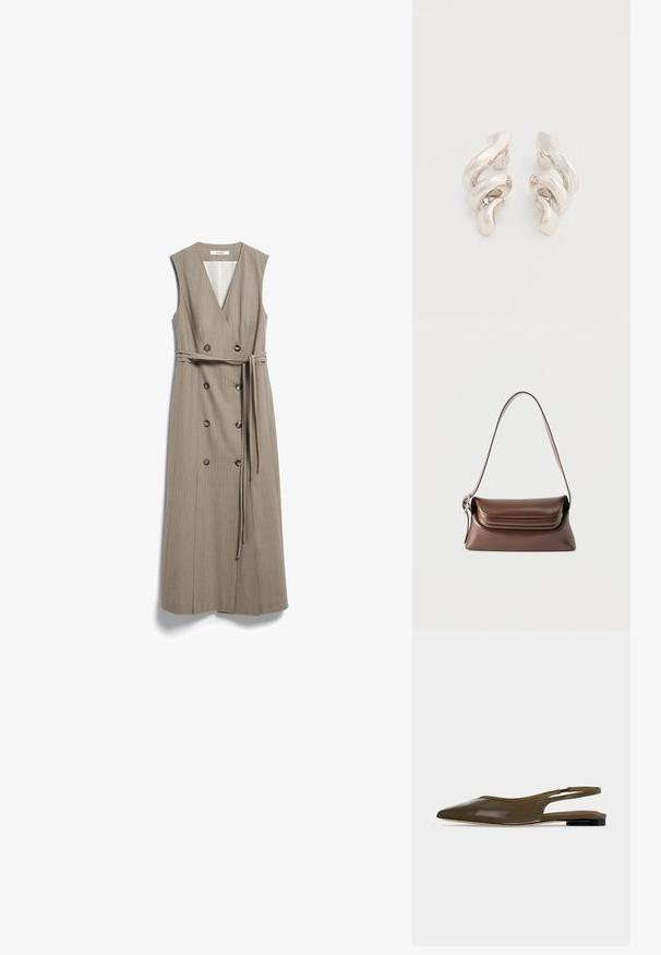 Robe midi beige sans manches avec col en V, boutons double boutonnage et ceinture assortie en tissu nouée à la taille.; Chaussure plate à bout pointu vert olive avec bride arrière, talon noir bas et finition lisse et brillante.; Sac à bandoulière en cuir marron avec une boucle argentée sur la sangle et un rabat à rabat, présenté sur un fond blanc.; Boucles d'oreilles clips en métal argenté torsadé avec une finition lisse et brillante, présentant un design moderne et abstrait en spirale.