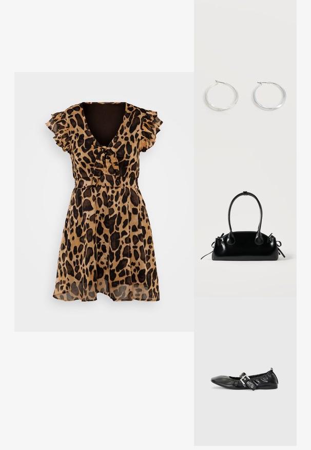 Vestido con estampado de leopardo en tejido ligero y transparente. Escote en V, cortas mangas con volantes, cintura ceñida y falda fluida. Colores marrón y negro.; Zapato plano de piel negra con puntera afilada, detalle fruncido alrededor de la abertura y un acento de hebilla plateada en la correa ajustable.; Pequeño bolso negro brillante con dos asas largas y detalles de cordón lateral sobre un fondo claro liso.; Pendientes de aro de metal plateado con superficie lisa y ligeramente curvada y cierre de tipo mosquetón sobre un fondo blanco liso.