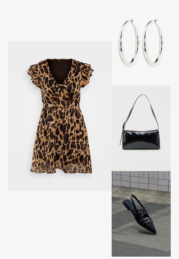 Vestido con estampado de leopardo en tejido ligero y transparente. Escote en V, cortas mangas con volantes, cintura ceñida y falda fluida. Colores marrón y negro.; Sandalia plana negra de punta afilada con varias correas con hebillas y talón descubierto, situada sobre una superficie pavimentada y con un fondo de muro de azulejos.; Bolso de hombro rectangular negro con una correa ajustable y un cierre de cremallera superior sobre un fondo liso.; Pendientes de aro de plata con una superficie lisa y reflectante. Forma redonda y grande con un cierre seguro en la parte superior. El acabado pulido resalta el brillo.