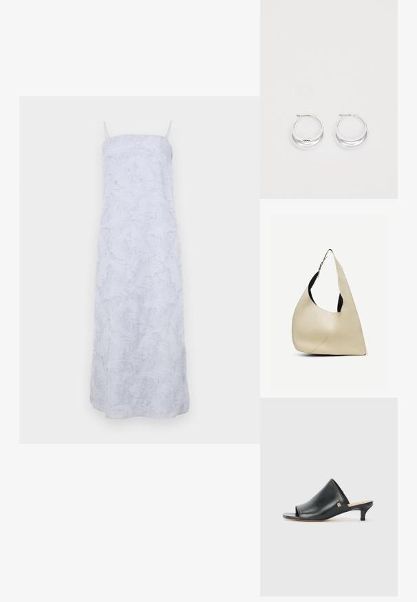 Robe maxi blanche avec des fines bretelles, en matière douce et texturée, et présentant un motif en relief subtil sur l'ensemble. Silhouette simple et droite.; Mules ouverts en cuir noir avec un talon bas. Présentent une surface lisse et un accent logo doré sur le côté.; Sac à bandoulière en cuir lisse couleur crème, de forme triangulaire arrondie, avec une sangle réglable et une boucle en argent.; Boucles d'oreilles en argent avec une finition polie et un branding DKNY, présentées sur un fond blanc uni.