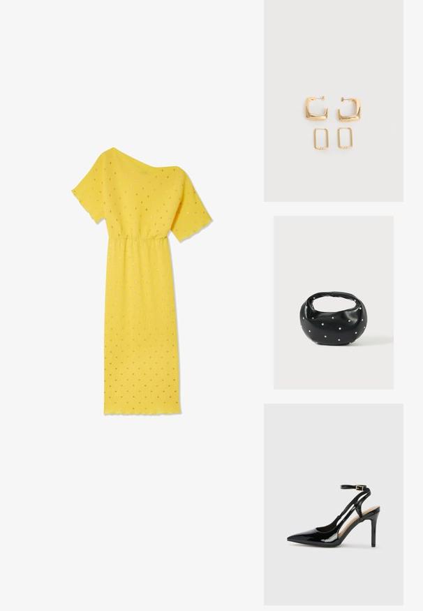 Geel jurkje met korte mouwen, geribbeld textuur en een gathered taille. Bevat gouden stippen en een asymmetrische halslijn.; Zwarte lakleren hoge hak slingback schoenen met spitse neus, verstelbare enkelband en open zijkanten. Gladde textuur.; Zwarte leren handtas met een afgeronde vorm, versierd met zilveren studs, en een korte handgreep. Gladde textuur en ritsluiting.; Twee paar gouden geometrische creolen op een effen witte ondergrond, een paar vierkant en massief, een paar rechthoekig en hol.