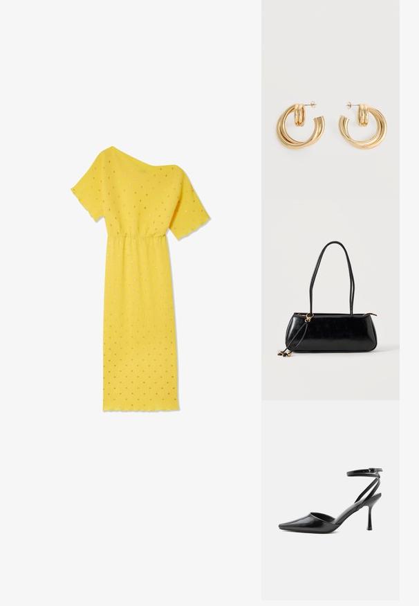 Geel jurkje met korte mouwen, geribbeld textuur en een gathered taille. Bevat gouden stippen en een asymmetrische halslijn.; Zwarte pumps met puntige neus, dunne enkelbandjes en een zilveren gesp op een effen lichte achtergrond.; Zwarte rechthoekige handtas met twee lange bandjes, gouden ringdetail en ritssluiting op een effen lichte achtergrond.; Set glanzende gouden dubbele lus oorbellen met stekertjes op een witte achtergrond.