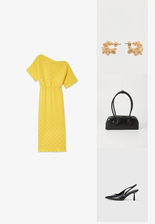 Geel jurkje met korte mouwen, geribbeld textuur en een gathered taille. Bevat gouden stippen en een asymmetrische halslijn.; Zwarte leren slingback hoge hak schoenen met puntige neus en slanke hak op een witte achtergrond.; Zwarte leren handtas met twee verlengde handvatten, ritsluiting en ronde vorm; gladde textuur met subtiele glanzende afwerking.; Oorbellen in goudkleur met een abstracte, organische vorm, voorzien van een gestructureerd oppervlak en een sluiting met oorstekers.