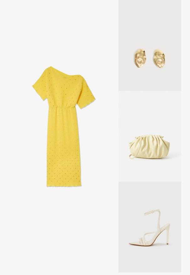 Robe jaune à manches courtes, texture côtelée et taille froncée. Présente des pois dorés et un encolure asymétrique.; Sandales à talons hauts beiges avec un bout pointu, comportant trois brides à l'avant et une fine bride à la cheville avec une boucle. Texture lisse, design minimaliste.; Sac à main plissé jaune en simili cuir lisse, arborant une forme douce avec une bandoulière unique et un design froncé sur le dessus.; Paire de boucles d'oreilles en métal doré brillant, de forme irrégulière, avec une surface froissée et lisse sur un fond clair uni.