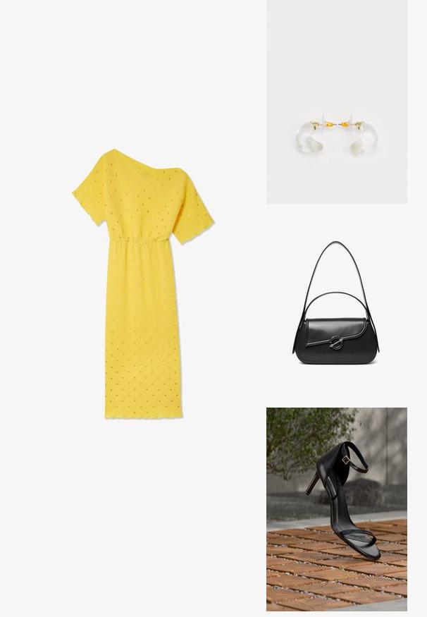 Robe jaune à manches courtes, texture côtelée et taille froncée. Présente des pois dorés et un encolure asymétrique.; Sandale noire à talon haut avec sangle à la cheville, suspendue au-dessus d'un sol en carreaux de bois à l'extérieur, avec un arrière-plan flou de verdure et de pierre.; Sac à bandoulière en cuir noir avec un rabat incurvé fermé par un fermoir métallique rond et une sangle fine et ajustable.; Boucles d'oreilles en acrylique transparent avec accents dorés, présentant un design incurvé et un fermoir transparent. Texture lisse, style minimaliste.
