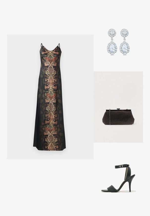 Sort slipdress med slangeskinds mønster i jordfarver og metalliske detaljer, med tynde justerbare stropper og en glat tekstur.; Sort sandal med høj hæl, ankelrem og spænde, åben tå og tynd hæl på hvid baggrund.; Sort mesh clutch-taske med en struktureret silhuet, prydet med små metalstuds, har en låsemekanisme og en aftagelig kæderekke.; Sølvfarvede øreringe med en rund stud med pavé-indstilling og en pæreformet dråbe omgivet af mindre sten, hvilket fremhæver en funkende effekt.