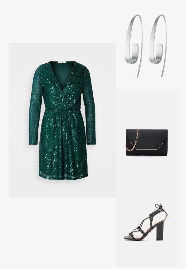 Robe en sequins verts avec des manches longues, un décolleté en V profond et une taille élastique. Texturée avec des sequins brillants disposés verticalement.; DeeZee Sandales à talons hauts - black; Pochette noire au toucher lisse, dotée d'une chaîne en or et d'une fermeture à rabat géométrique rehaussée de doré.; Boucles d'oreilles en argent avec un design allongé et épuré. Fabriquées en métal poli, présentant une texture lisse et un style minimaliste.