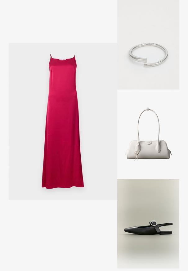 Robe longue sans manches en satin rose foncé, avec de fines bretelles et un décolleté droit, présentée sur un fond gris clair uni.; Chaussure plate slingback noire à bout pointu, boucle argentée et petit talon sur fond neutre.; Sac à bandoulière blanc Calvin Klein avec longues poignées, forme rectangulaire, fermeture éclair et charm logo décoratif suspendu près de la poignée.; Calvin Klein SPIRAL - Bracelet - silver-coloured