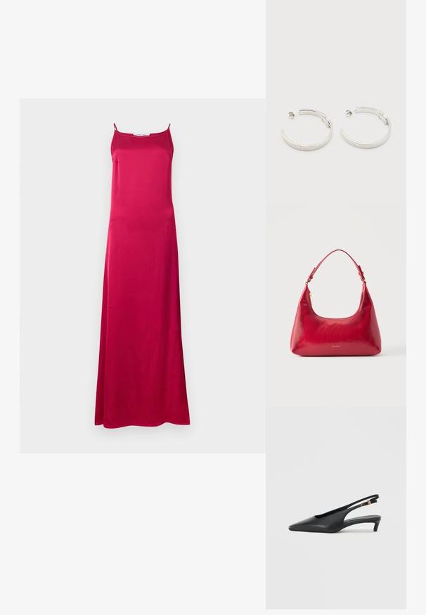 Robe longue sans manches en satin rose foncé, avec de fines bretelles et un décolleté droit, présentée sur un fond gris clair uni.; Des escarpins à talon ouvert noirs avec un bout pointu, une texture en cuir lisse, un petit talon aiguille, et une sangle avec un accent de boucle en métal.; Sac à épaule en cuir rouge avec fermeture éclair dorée et sangle réglable, logo Calvin Klein centré à l'avant.; Boucles d'oreilles demi-cercles ton argent avec texture striée et fermoirs à pression sur fond blanc.