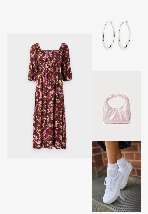 Brun blomster maxi kjole med puffærmer, firkantet udskæring og rynket bodice med pink og gule blomstermønstre. Blødt stof.; Hvide lærreds sneakers med gummisåler, der har seks snørehuller, rund tå og let sømdetaljer, krydret med hvide ankelstrømper.; Rosa, polstret håndtaske med afrundet design, lavet af skinnende materiale. Har et samlet håndtag og en lynlås til sikker adgang.; Sølvøreringe i form af hoops med en glat, blank finish. Cirkulær form, der har en sikker lås. Simpelt og elegant design.
