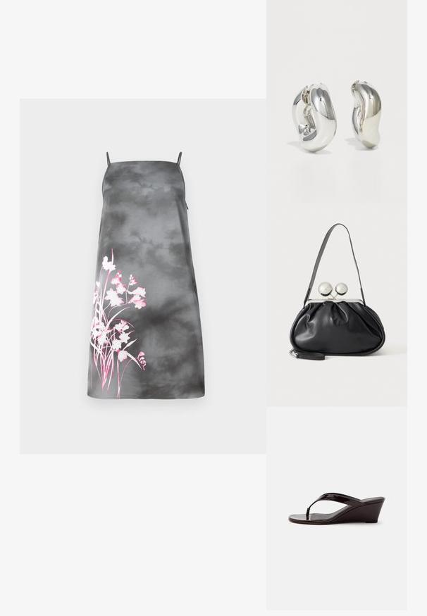 Robe A-line en satin dégradé gris avec bretelles spaghetti réglables. Présente un design floral rose sur le côté gauche. Texture lisse.; Sandale compensée en cuir verni marron avec bride entre les orteils et bout ouvert, vue de profil sur un fond uni.; Sac à main en cuir noir avec un design plissé, une sangle unique, un cadre métallique argenté et deux grandes fermoirs ronds en argent.; Boucles d'oreilles sculpturales en argent avec des formes douces et courbes et des surfaces réfléchissantes. Présentent un design de boucle fermée et une forme organique distincte.