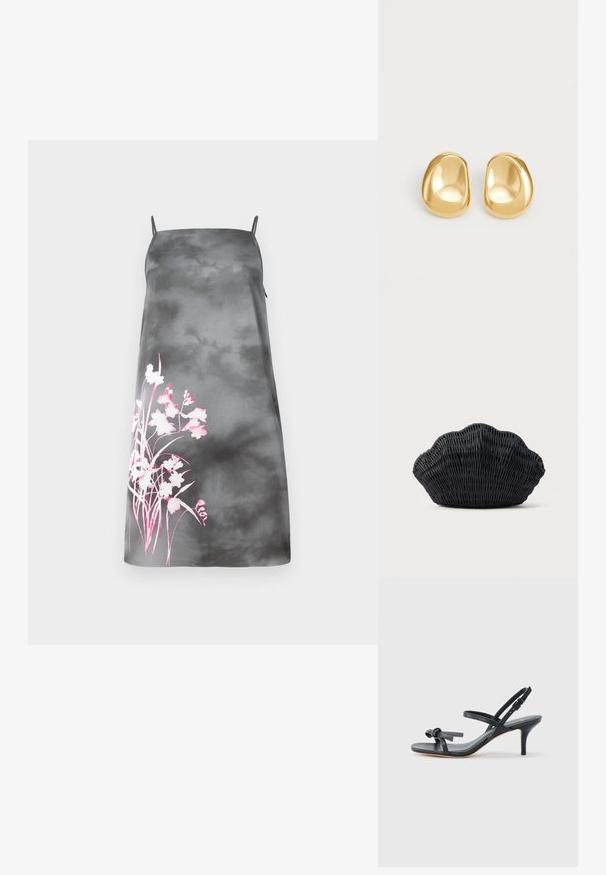 Robe A-line en satin dégradé gris avec bretelles spaghetti réglables. Présente un design floral rose sur le côté gauche. Texture lisse.; Sandale à talon en cuir noir avec des lanières fines, un petit nœud décoratif sur le dessus de l'orteil et une bride de cheville ajustable avec une boucle.; Sac à main en osier noir en forme de coquille Saint-Jacques avec un dessus courbé et une texture tressée sur un fond uni.; Boucles d'oreilles en forme de clou de couleur or, avec une forme lisse et arrondie et une surface réfléchissante, mettant en avant un design minimaliste sans motifs visibles.