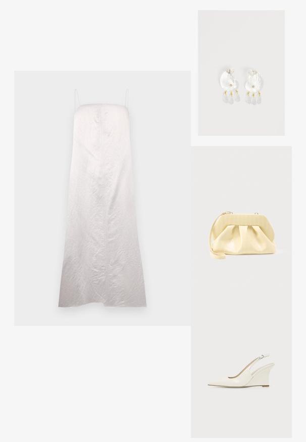 Witte, mouwloze jurk met een rechte silhouet, gemaakt van licht gestructureerde stof, met een middennaad en minimale bandjes.; Witte lakleren slingback sleehakschoen met puntige neus en verstelbare gesp op effen achtergrond.; Crème-kleurige leren clutch met een gestructureerd bovenframe en polsbandje, weergegeven tegen een effen lichte achtergrond.; Duidelijke hars oorbellen in schelpvorm met kleine gouden accenten en drie hangende doorschijnende druppelvormige bedels aan elk oorbel.