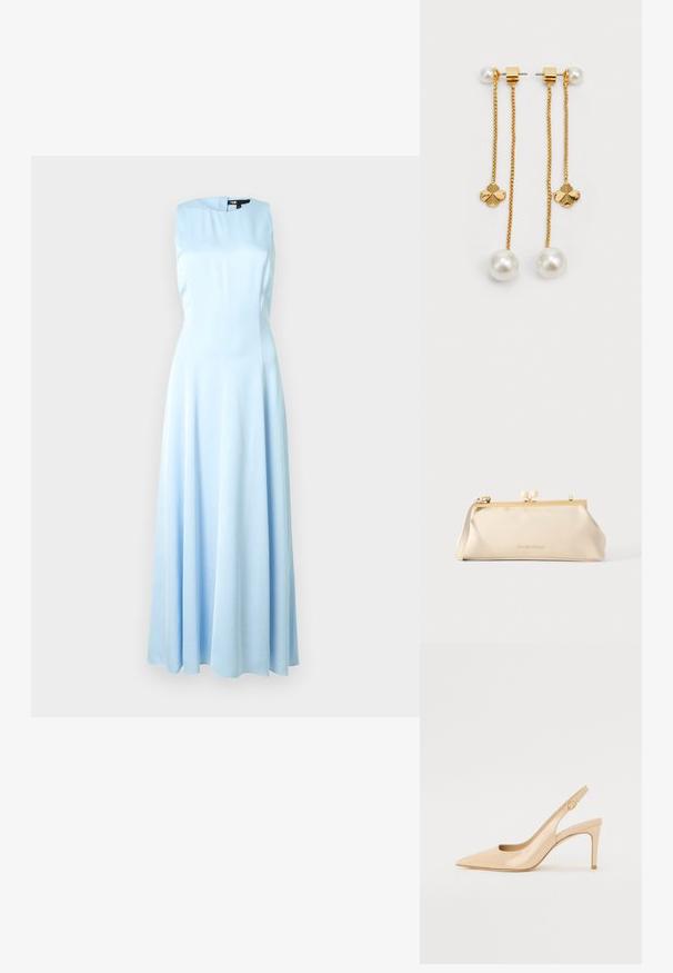 Vestido sin mangas de satén azul claro con escote alto y falda larga hasta el suelo, mostrado sobre un fondo blanco liso.; Tacón slingback de charol nude con punta afilada, empeine abierto y un delgado tacón stiletto. Presenta un acento dorado circular en la correa.; Cartera rectangular color crema con marco metálico dorado, cierre redondo, correa corta y logotipo VALENTINO en la parte delantera.; Pendientes de caída en tono dorado con cadenas, perlas redondas y acentos en forma de flor. Diseño elegante con acabados pulidos y un aspecto delicado.