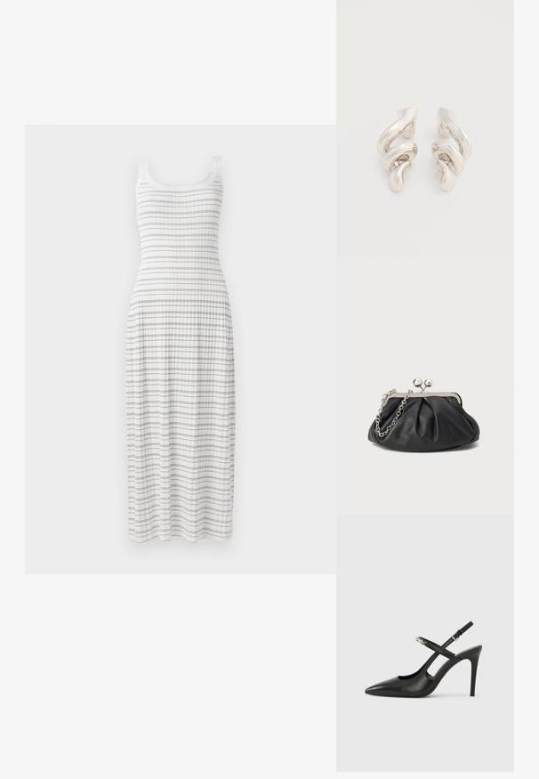 Robe maxi blanche avec un haut ajusté et une jupe évasée. Présente des rayures bleues horizontales et une texture côtelée, avec de fines bretelles.; Escarpins slingback en cuir noir avec bout pointu, design ajouré et bride ajustable ornée de ferrures métalliques.; Porte-monnaie en cuir noir avec texture froncée, cadre en métal argenté, fermeture à verrouillage kiss-lock et bandoulière en chaîne. Surface lisse et douce.; Boucles d'oreilles clips en métal argenté torsadé avec une finition lisse et brillante, présentant un design moderne et abstrait en spirale.