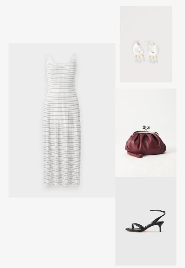 Robe maxi blanche avec un haut ajusté et une jupe évasée. Présente des rayures bleues horizontales et une texture côtelée, avec de fines bretelles.; Sandale pour femme en cuir noir avec fines lanières, une boucle d'orteil, une boucle à la cheville et un talon aiguille de hauteur moyenne sur un fond neutre.; Petit sac pochette en cuir bordeaux avec fermoir métallique argenté et bracelet sur fond blanc.; Boucles d'oreilles en résine transparente en forme de coquillage avec de petits accents dorés et trois breloques translucides en forme de goutte pendantes sur chaque boucle d'oreille.