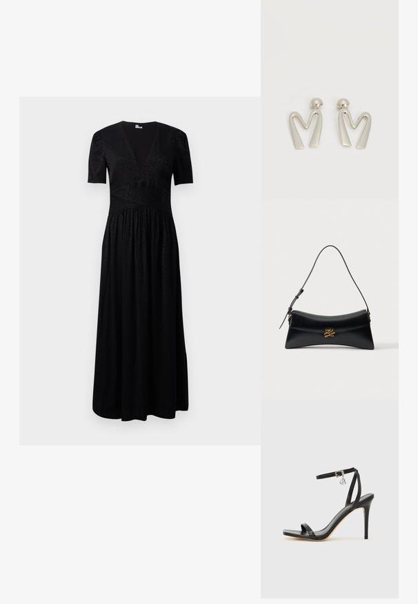 Robe maxi noire avec un décolleté en V profond, des manches courtes, un corsage texturé et une jupe froncée. Fabriquée en tissu léger avec des motifs subtils.; Sandale à talon haut noire avec une bride étroite à la cheville, bout carré, cuir lisse et accent de boucle métallique.; Sac à main en cuir noir de forme trapèze incurvée, avec poignée supérieure et fermeture décorative dorée sur le rabat avant, sur fond blanc.; Paire de boucles d'oreilles en métal argenté en forme de lettre M angulaire avec des tiges arrondies sur fond blanc.