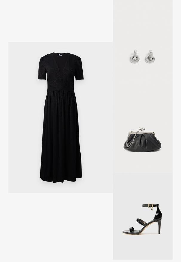 Robe maxi noire avec un décolleté en V profond, des manches courtes, un corsage texturé et une jupe froncée. Fabriquée en tissu léger avec des motifs subtils.; Sandale en cuir verni noir avec trois brides, boucle de cheville et talon aiguille de 10 cm. Présente un détail en métal doré et un charm logo.; Porte-monnaie en cuir noir avec texture froncée, cadre en métal argenté, fermeture à verrouillage kiss-lock et bandoulière en chaîne. Surface lisse et douce.; Paire de petites boucles d'oreilles créoles argentées brillantes avec une base ronde, présentées sur un fond clair uni.
