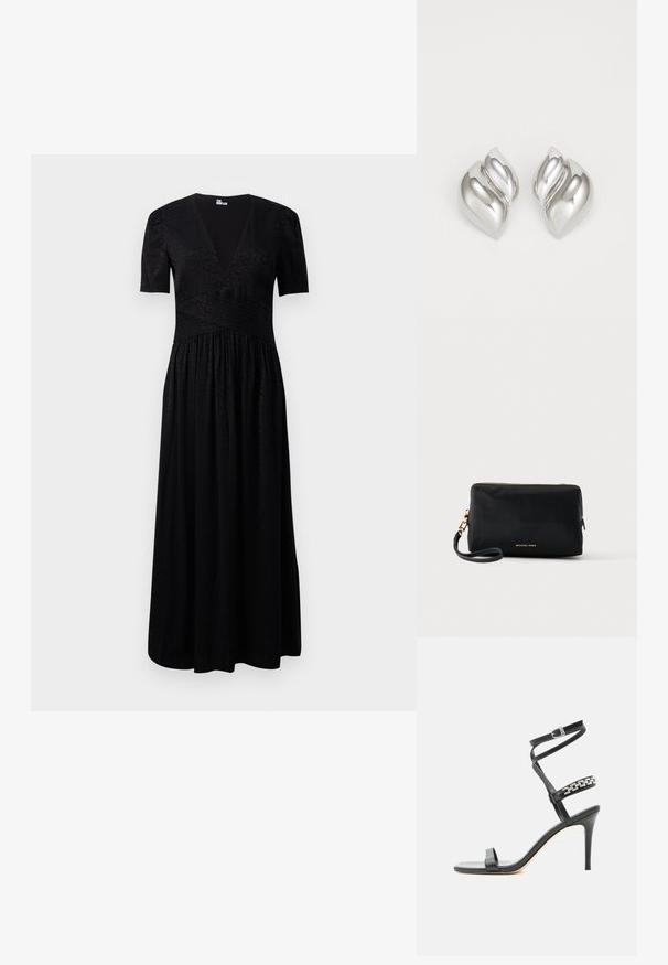Robe maxi noire avec un décolleté en V profond, des manches courtes, un corsage texturé et une jupe froncée. Fabriquée en tissu léger avec des motifs subtils.; Sandale noire à talon haut avec fine bride à la cheville, bride médiane décorée de maillons de chaîne argentés, et design à bout ouvert.; Pochette rectangulaire noire pour poignet avec fermeture éclair dorée et logo, sangle détachable sur fond clair.; Boucles d'oreilles en argent avec une forme organique et abstraite. Surface lisse et brillante avec un design effilé. Présente des courbes subtiles et un détail central en ligne.