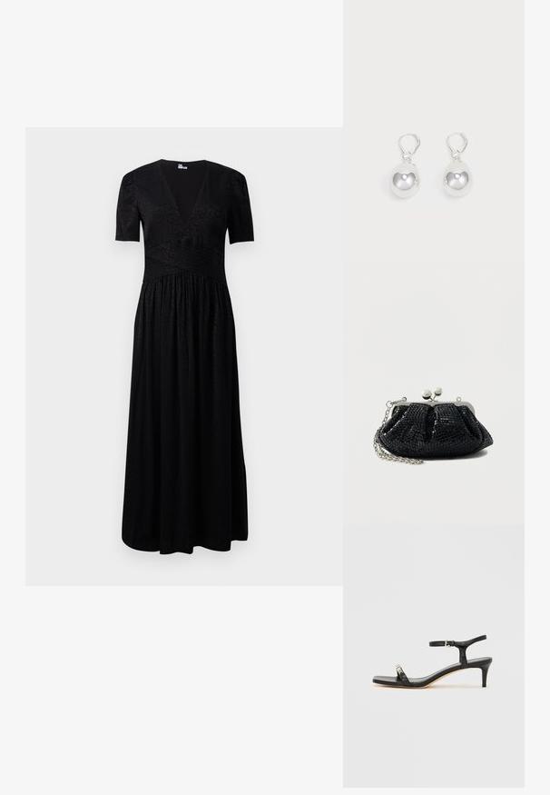 Robe maxi noire avec un décolleté en V profond, des manches courtes, un corsage texturé et une jupe froncée. Fabriquée en tissu léger avec des motifs subtils.; Sandale noire en cuir à talon avec bride à la cheville, bout ouvert, devant carré et accent en métal argenté. Design ajusté avec un profil élégant.; Pochette noire à paillettes avec un cadre argenté, un design plissé et une bandoulière chaîne. Dotée de deux fermoirs sphériques sur le dessus.; Boucles d'oreilles en argent en forme de goutte avec des surfaces lisses, rondes et réfléchissantes, suspendues à des fermoirs à ressort. L'arrière-plan est blanc uni.
