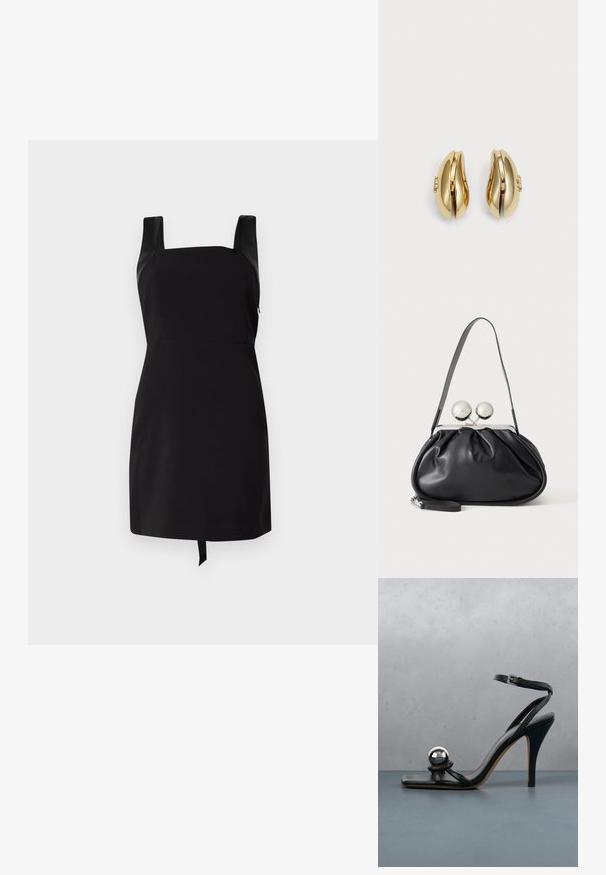 Zwarte jurk met een vierkante halslijn en brede banden. Heeft een aansluitend bovenlijfje en een uitlopende rok met een strikdetail aan de onderrand. Gemaakt van een gladde stof.; Zwarte hoge hak sandaal met enkelriem en metallic zilveren decoratieve bal op houten betegeld oppervlak buiten met vage groene en muur achtergrond.; Zwarte leren handtas met een geplooid ontwerp, een enkele schouderband, zilverkleurige metalen omlijsting en twee grote ronde zilveren sluitingen.; Gouden oorbellen met een vloeiende, gebogen vorm. Elke oorbel heeft een glad oppervlak en een kleine sluiting met een decoratief detail.