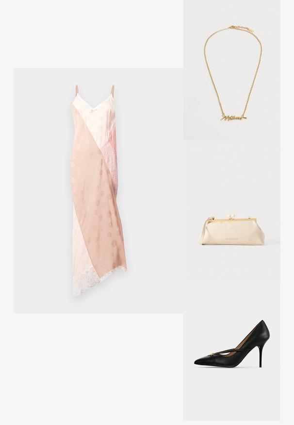 Roze kwarts slipdress met verstelbare bandjes, voorzien van een mix van gladde satijn- en kanttexturen, een diagonaal kleurblokontwerp en kantafwerking.; Zwarte leren pumps met hoge hak en een spits toelopende neus, met een smalle band bovenop die vastzit met een kleine gouden gesp op een effen achtergrond.; Rechthoekige clutch in crèmekleur met gouden metalen frame, ronde sluiting, korte band en VALENTINO-logo op de voorkant.; Gouden ketting met een hanger in cursief schrift die "Max Mara" spelt op een effen lichte achtergrond.