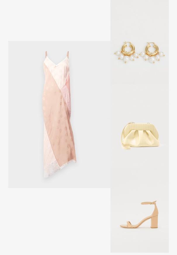 Robe droite en quartz rose avec des bretelles réglables, offrant un mélange de textures satinées lisses et de dentelle, un design de coloris en bloc diagonal et une finition en dentelle.; Sandales à talons en cuir verni nude avec un orteil carré, une sangle à la cheville et un talon bloc chunky. Texture lisse et détails de design minimalistes.; Pochette en cuir couleur crème avec un cadre supérieur structuré et une lanière pour poignet, présentée sur un fond clair uni.; Boucles d'oreilles en or en forme de créoles, ornées de trois perles blanches pendantes, maintenues par des accents en fil. Fini métallique lisse avec un aspect poli.