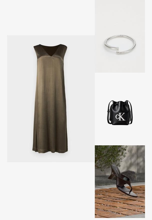 Robe sans manches longue, vert olive, avec un décolleté en V, texture lisse et fente sur le côté. Fabriquée en matériau semblable à de la soie. Silhouette simple et droite.; Sandale à talon marron Calvin Klein suspendue au-dessus d'un sol extérieur en dalles de bois et gravier avec un arrière-plan flou de verdure et de pierres.; Sac seau en cuir noir avec cordon de serrage en haut et logo blanc "cK" sur le devant, doté d’une bandoulière réglable.; Calvin Klein SPIRAL - Bracelet - silver-coloured