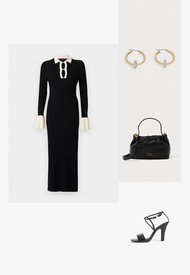 Vestido negro de manga larga con texto acanalado, cuello y puños en crema, que presenta un escote con ojal y acentos de mangas acampanadas.; Sandalia de tacón alto negra con tira fina en el tobillo, hebilla dorada, punta abierta y tacón ancho, vista lateral sobre fondo blanco.; Bolso de piel negra con parte superior fruncida, una asa corta y una correa de hombro removible. Presenta un acento de logo dorado y una textura suave.; Par de pendientes de aro en tono dorado con pequeño detalle de aro en tono plateado en cada uno, expuestos sobre un fondo gris claro.