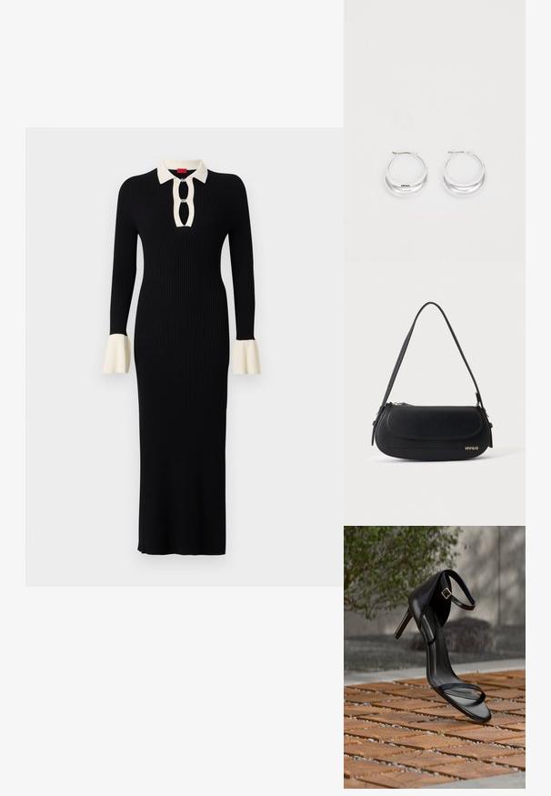 Vestido negro de manga larga con texto acanalado, cuello y puños en crema, que presenta un escote con ojal y acentos de mangas acampanadas.; Sandalia negra de tacón alto con correa en el tobillo, parece suspendida sobre un suelo de baldosas de madera al aire libre, con un fondo difuminado de vegetación y piedra.; Bolso de hombro de cuero negro con solapa curva, logo dorado "HUGO" en el frente y una correa ajustable.; Pendientes de aro de plata con un acabado pulido y la marca DKNY, exhibidos sobre un fondo blanco liso.