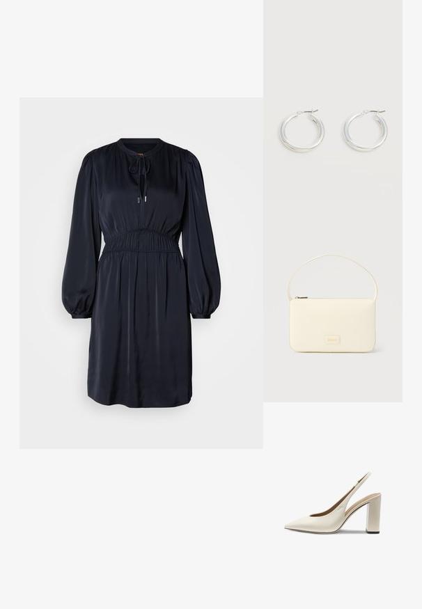 Vestido de manga larga en azul marino con cintura fruncida, escote redondo y lazo ajustable. Hecho de una tela suave y ligera.; Zapato de mujer con tiras en crema, tacón alto, puntera puntiaguda y tacón ancho sobre fondo blanco.; Bolso rectangular color crema con una sola correa y cremallera superior, con una pequeña placa de logotipo en relieve en el frente.; Par de pendientes de aro plateados brillantes de tamaño mediano con cierres metálicos finos sobre un fondo neutro claro.