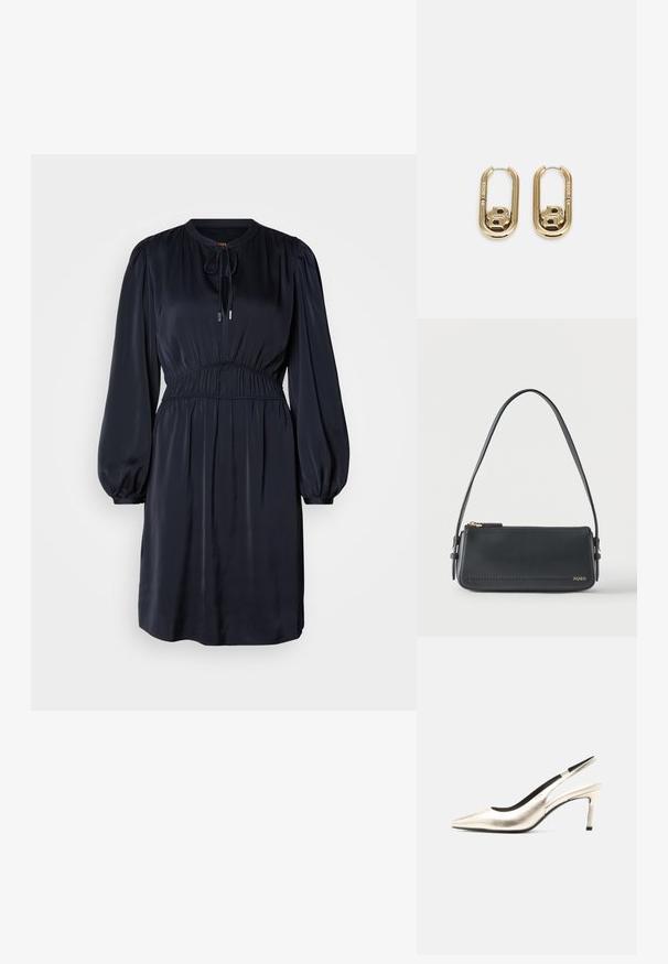 Navyblaues, langärmliges Kleid mit geraffter Taille, rundem Ausschnitt und Kordelzug. Hergestellt aus glattem, leichtem Stoff.; Metallischer goldener Slingback-Schuh mit spitz zulaufender Zehenpartie, mittelhohem Stiletto-Absatz und schwarzer Innenausstattung vor weißem Hintergrund.; Schwarze rechteckige Lederschultertasche mit goldenem Reißverschluss und kleinem goldenem "HUGO"-Logo auf der Vorderseite, mit verstellbarem Riemen und Schnalle.; BOSS DOUBLE B SWING - Ohrringe - gold-coloured