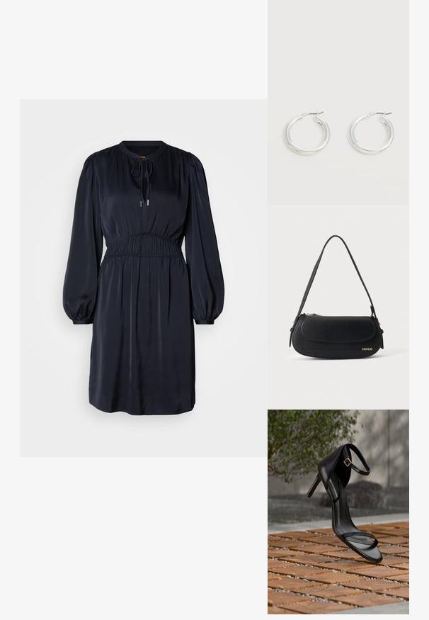 Navyblaues, langärmliges Kleid mit geraffter Taille, rundem Ausschnitt und Kordelzug. Hergestellt aus glattem, leichtem Stoff.; Schwarze Sandalette mit hohem Absatz und Knöchelriemen schwebt über einem Holzboden im Freien vor verschwommenem Grün und Steinhintergrund.; Schwarze Lederschultertasche mit geschwungener Klappe, goldenem "HUGO" Logo auf der Vorderseite und einem verstellbaren Riemen.; Paar mittelgroße glänzende silberne Hoop-Ohrringe mit dünnen Metallverschlüssen auf hellem neutralem Hintergrund.
