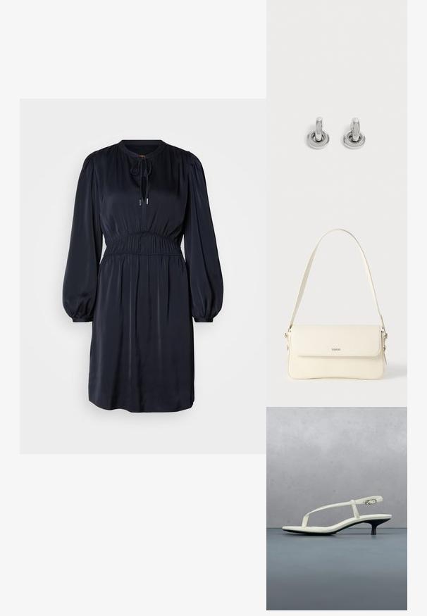 Navyblaues, langärmliges Kleid mit geraffter Taille, rundem Ausschnitt und Kordelzug. Hergestellt aus glattem, leichtem Stoff.; Weiße Riemchenpantolette mit kitten heel und spitz zulaufender Zehenpartie, schwebt über einem Holzkachelboden im Freien mit verschwommenem Pflanzen- und Wandhintergrund.; Schultertasche aus cremefarbenem Leder mit Klappverschluss, silbernen Beschlägen, einem verstellbaren Riemen und einem dezenten Logodetail.; Paar kleine, glänzende silberne Creolen mit rundem Sockel, auf einfachem hellem Hintergrund präsentiert.