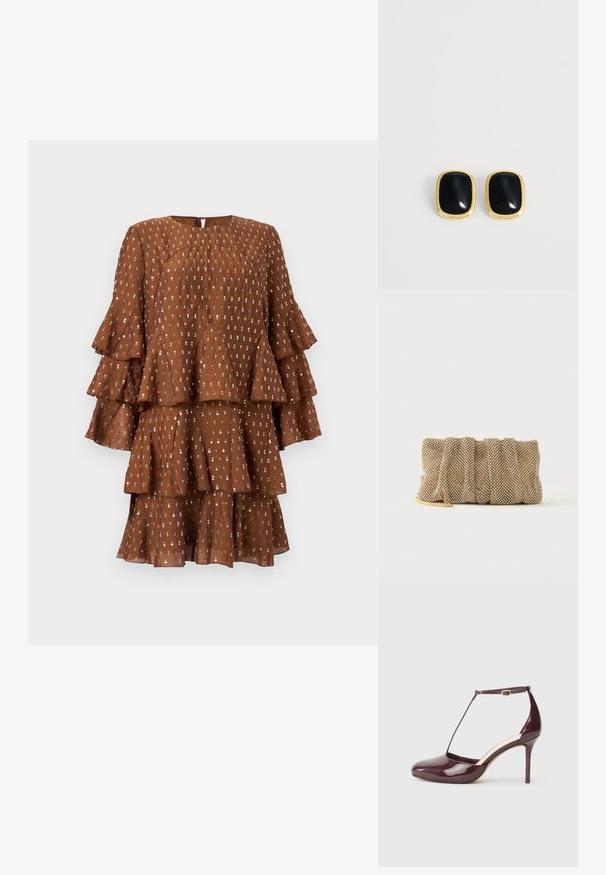 Robe marron à étages en tissu léger, avec des manches volantées et un motif orné de petits accents argentés. Encolure ronde.; Chaussure à talon haut en cuir verni bordeaux avec bout pointu, boucle sur la bride de cheville et détail de bride en T sur fond neutre.; Petit sac pochette en maille dorée avec un design froncé et une bandoulière chaîne dorée partiellement visible sur un fond blanc uni.; Paire de boucles d'oreilles rectangulaires en pierre noire avec montures métalliques dorées et bords perlés sur un fond blanc uni.