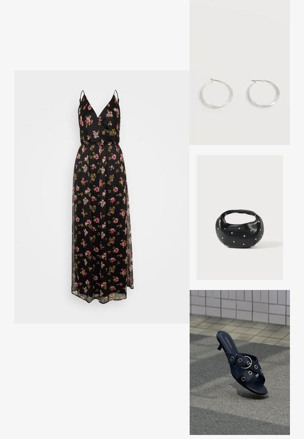 Robe maxi noire à fleurs avec des bretelles fines, présentant un décolleté en V, une taille cintrée, et une superposition transparente. Motif floral dans des teintes de rose et d'or.; Sandale noire à talon avec des brides croisées ornées d'œillets argentés et une boucle ronde, posée sur un pavement texturé près d'un mur carrelé.; Sac à main en cuir noir de forme arrondie, décoré de clous argentés et équipé d'une poignée courte. Texture lisse et fermeture éclair.; Boucles d’oreilles créoles en métal argenté avec une surface lisse légèrement incurvée et des fermoirs à clapet sur un fond blanc uni.