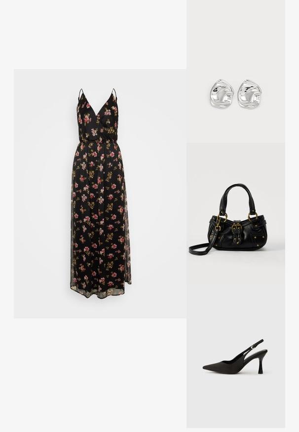 Robe maxi noire à fleurs avec des bretelles fines, présentant un décolleté en V, une taille cintrée, et une superposition transparente. Motif floral dans des teintes de rose et d'or.; Chaussures à talons noires avec une bride, à bout pointu, finition mate lisse et talon fin brillant. Sangle ajustable avec petit détail de boucle.; Sac à main en cuir noir avec boucle dorée et détails à rivets, poignées courtes et bandoulière réglable sur fond blanc uni.; Boucles d'oreilles en forme abstraite argentées avec une finition poli, présentant des courbes lisses et des contours subtils. Pas de motifs ou d'accents visibles.