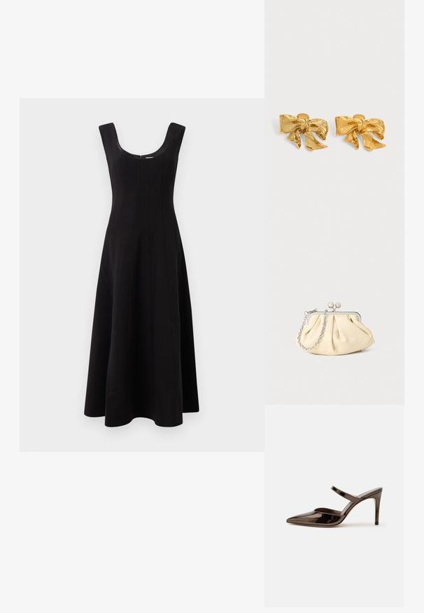 Vestido negro con escote redondo, diseño sin mangas y una silueta acampanada en A. Presenta detalles de costura vertical para dar estructura.; Mule de tacón alto de punta estrecha de color marrón oscuro brillante con una tira delgada sobre el empeine sobre un fondo blanco liso.; Clutch de cuero beige plisado con un marco de metal plateado, que cuenta con dos broches decorativos redondos y una correa de cadena plateada.; Par de pendientes de metal con tono dorado brillante con forma de lazos texturizados sobre un fondo liso y claro.