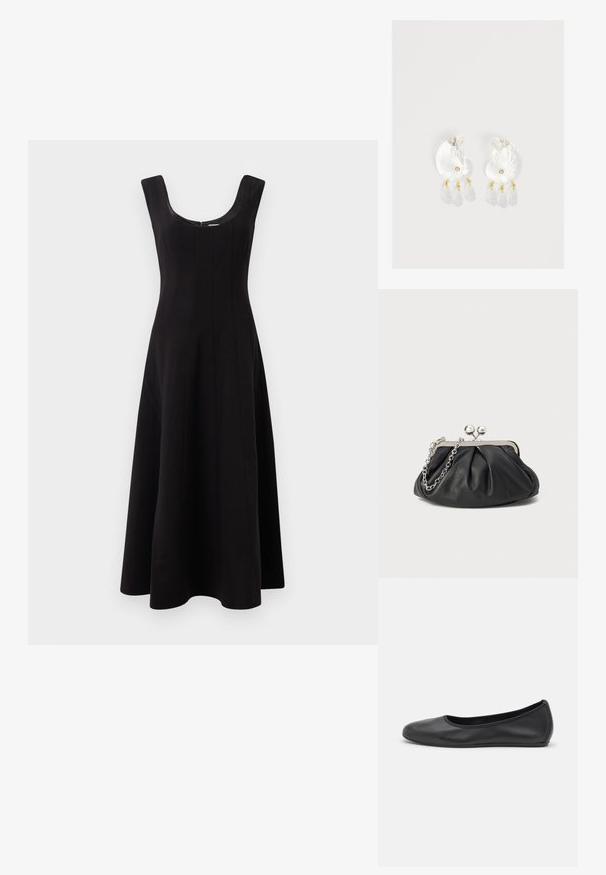 Schwarzes Kleid mit Rundhalsausschnitt, ärmellosem Design und ausgestellter A-Linie Silhouette. Verfügt über vertikale Nahtdetails für Struktur.; Schwarze Leder-Ballettschuhe mit abgerundeter Spitze, glatter Textur, minimalen Nähdetails und einem flexiblen Sohlen-Design.; Schwarze Leder-Clutch mit geraffter Textur, silberfarbener Metallrahmen, Druckverschluss und Kettenriemen. Glatte, weiche Oberfläche.; Klare Harz-Ohrringe in Muschelform mit kleinen goldenen Akzenten und drei hängenden durchsichtigen tropfenförmigen Anhängern an jedem Ohrring.